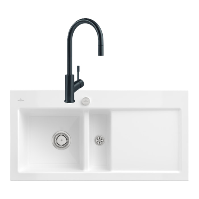 Evier Subway Pure 60 1 bac et demi égouttoir à droite vidage auto + Robinet Umbrella Flex Anthracite