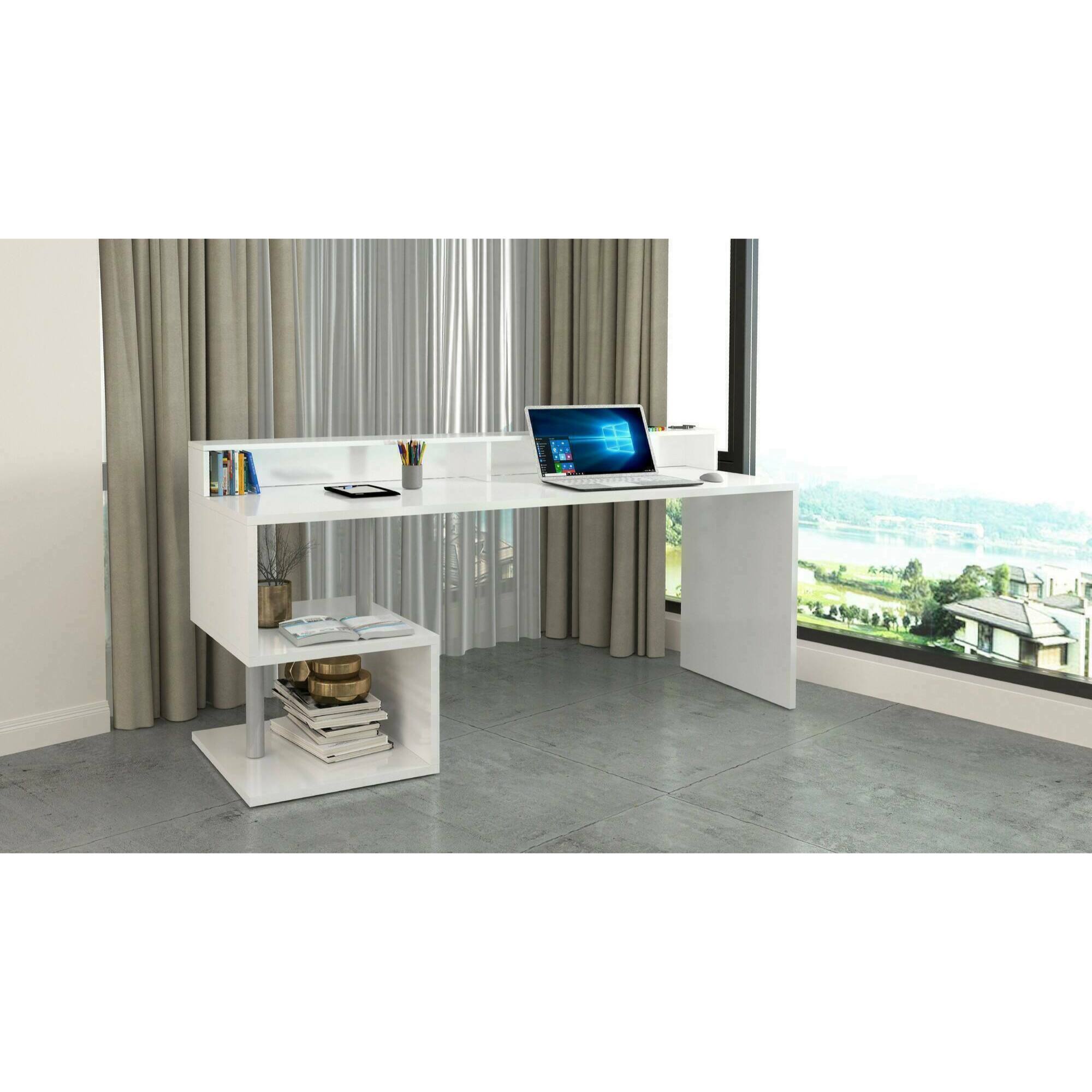 Scrivania Dcheddir, Scrittoio lineare con ripiani portaoggetti, Scrivania ufficio multiuso con sopralzo, 180x92,5h60 cm, Bianco