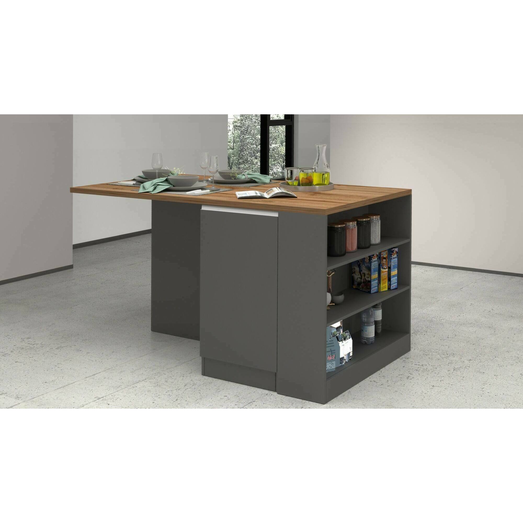 Isola da cucina Dcannaval, Tavolo ausiliario portaoggetti, Mobile da cucina a 2 ante, 100% Made in Italy, 160x90h90 cm, Antracite e Rovere