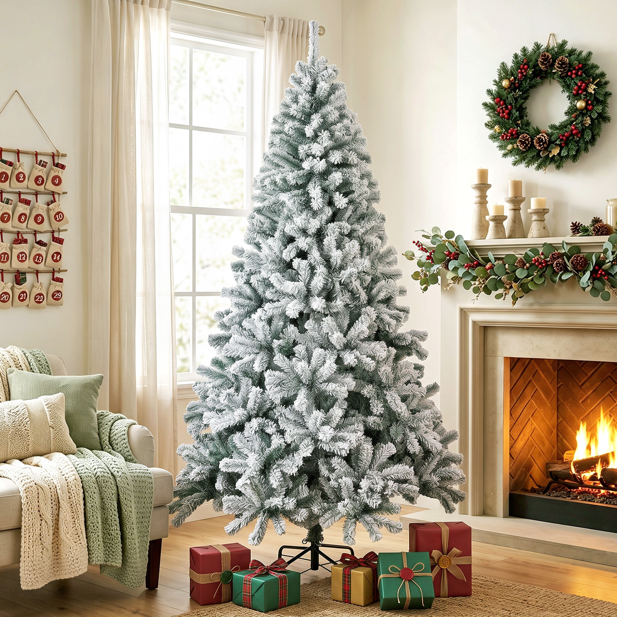 Árbol de Navidad Nevado de 220 cm, Árbol de Navidad de Abeto con Ramas Articuladas, 1000 Puntas de PVC Ignífugo, Montaje Rápido, Soporte de Acero Plegable, Verde y Blanco