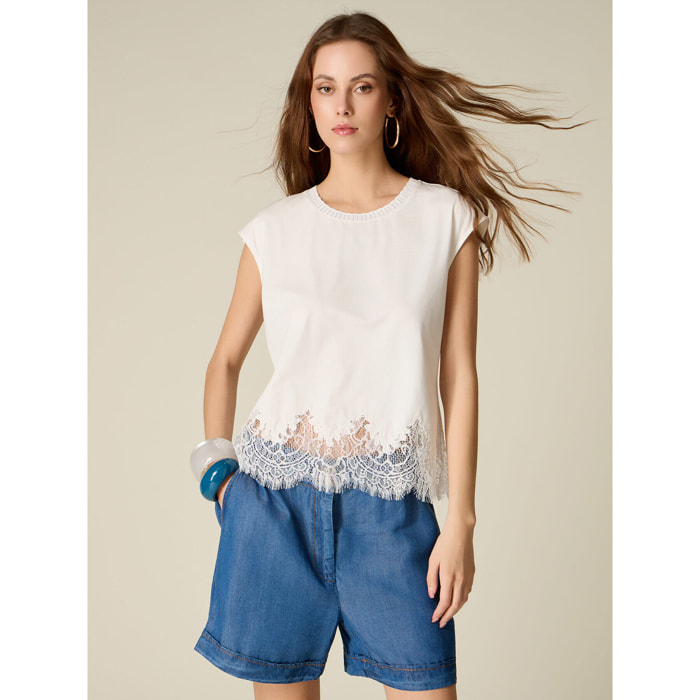 Oltre - T-shirt con inserto in pizzo - Bianco