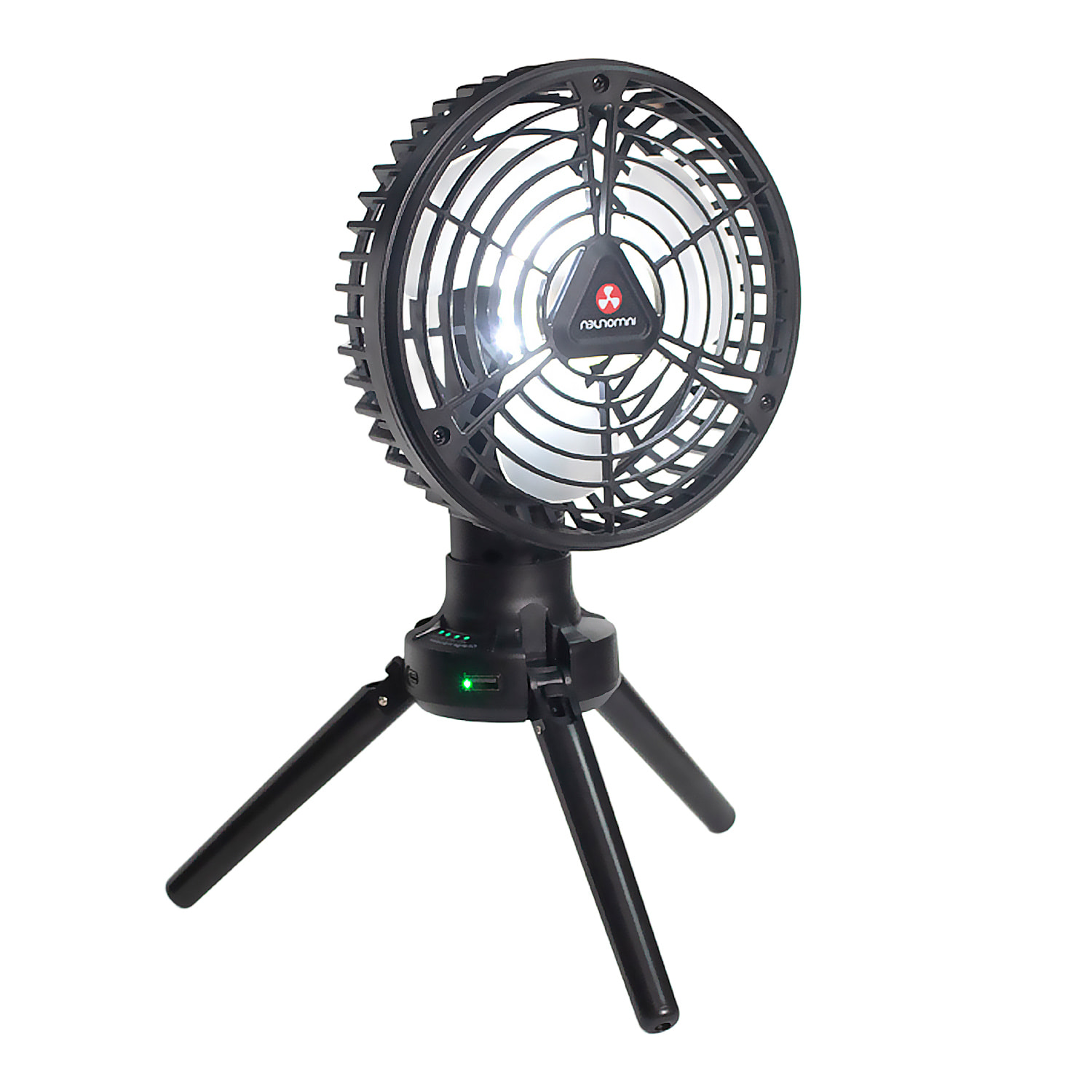 Ventilador x77 con LED con 7 luces, velocidad regulable y 3 niveles de luz. Oscilación de 120º y ángulo ajustable de 1800º. Con tripode, gancho para colgar y powerbank de 7800mAh.