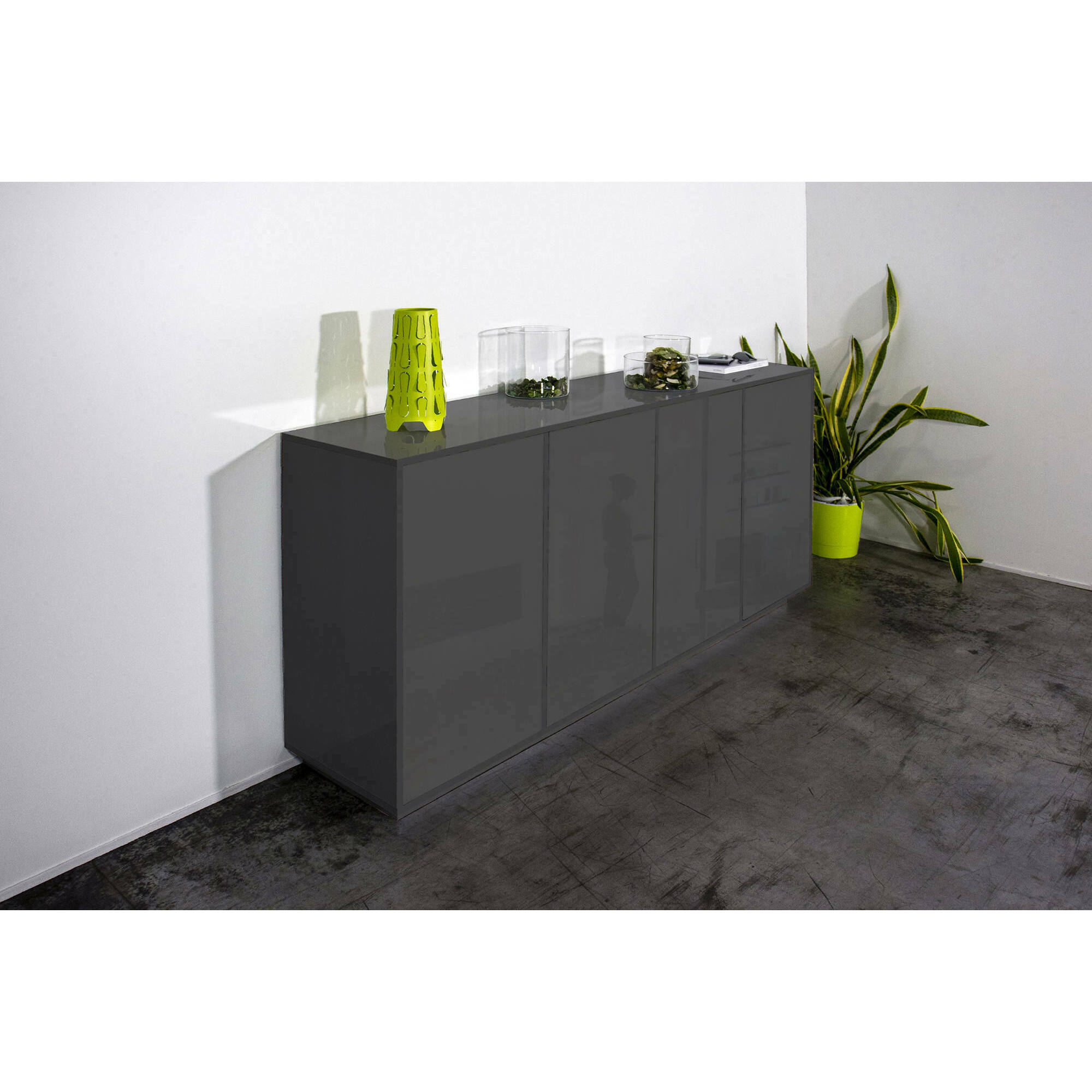 Credenza Virgilio, Madia da cucina a 4 ante, Buffet da soggiorno, 100% Made in Italy, cm 180x41h86, Antracite lucido