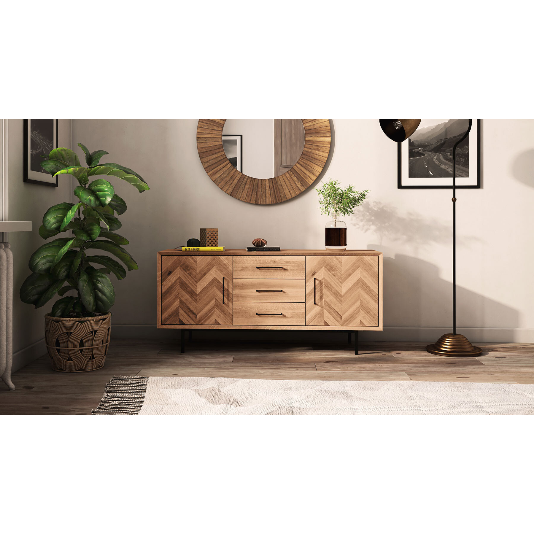 Meuble bas bois hêtre 2 portes paola 144x45cm