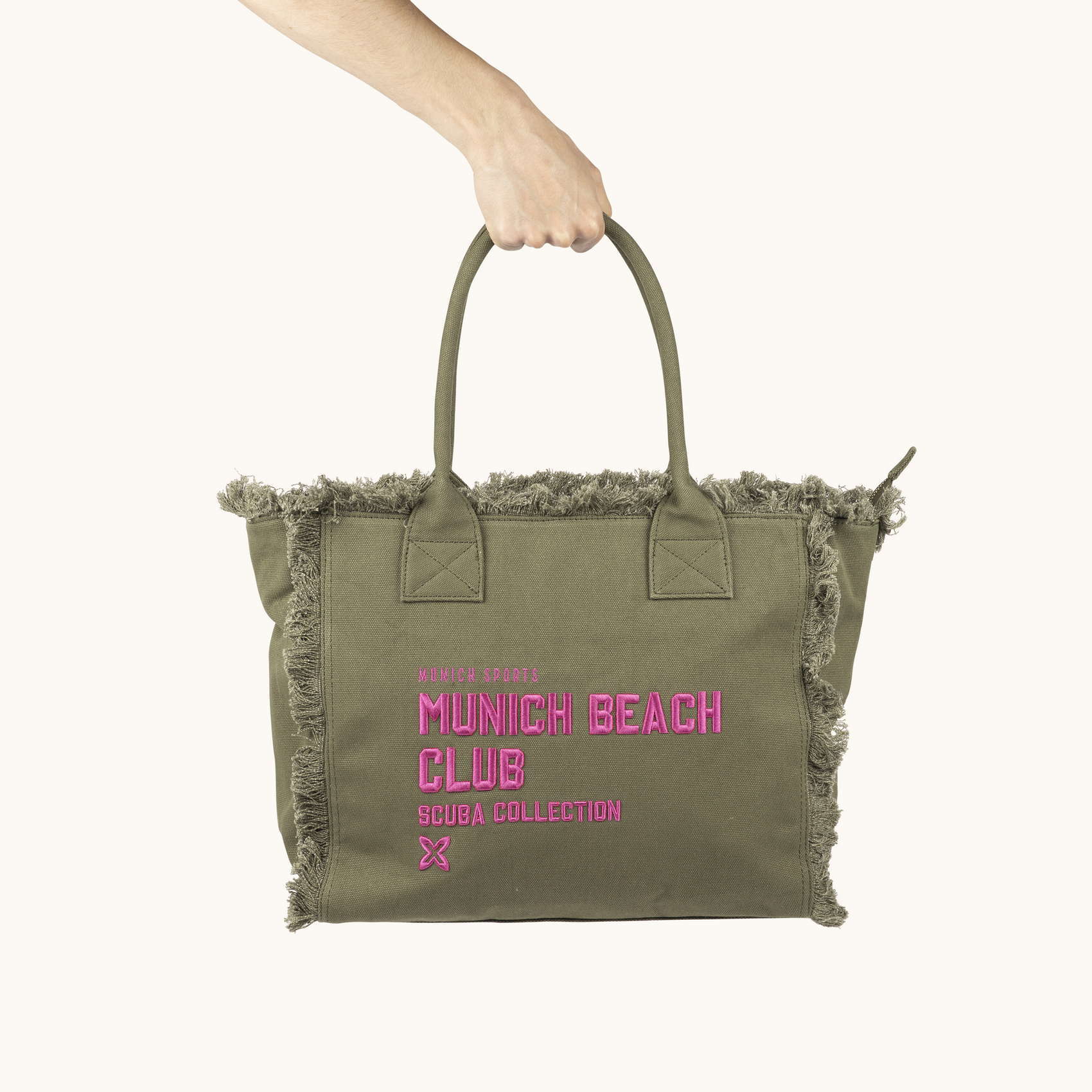 Bolso Shopper Caqui de Algodón Reciclado con Flecos y Bordado Rosa SCUBA KHAKI SHOPPER