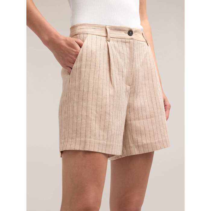 Motivi - Pantalones cortos de tela a rayas de mezcla de lino - Beige