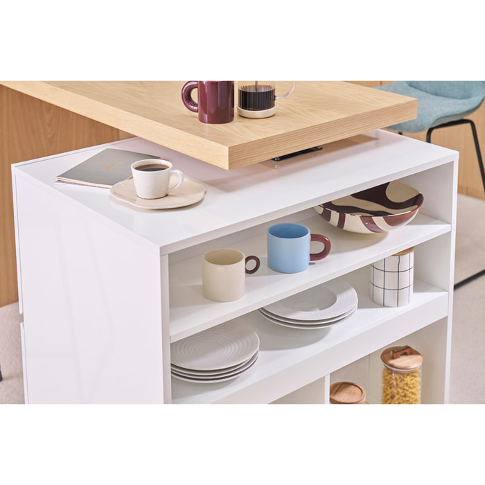 îlot - table de bar modulable avec rangement blanc mat et bois clair chêne L140-165 cm MAX