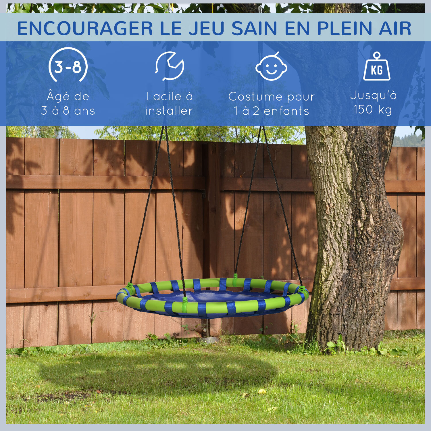 Balançoire nid d'oiseau ronde balançoire panier Ø 100 x 120-180H cm accessoires inclus bleu vert