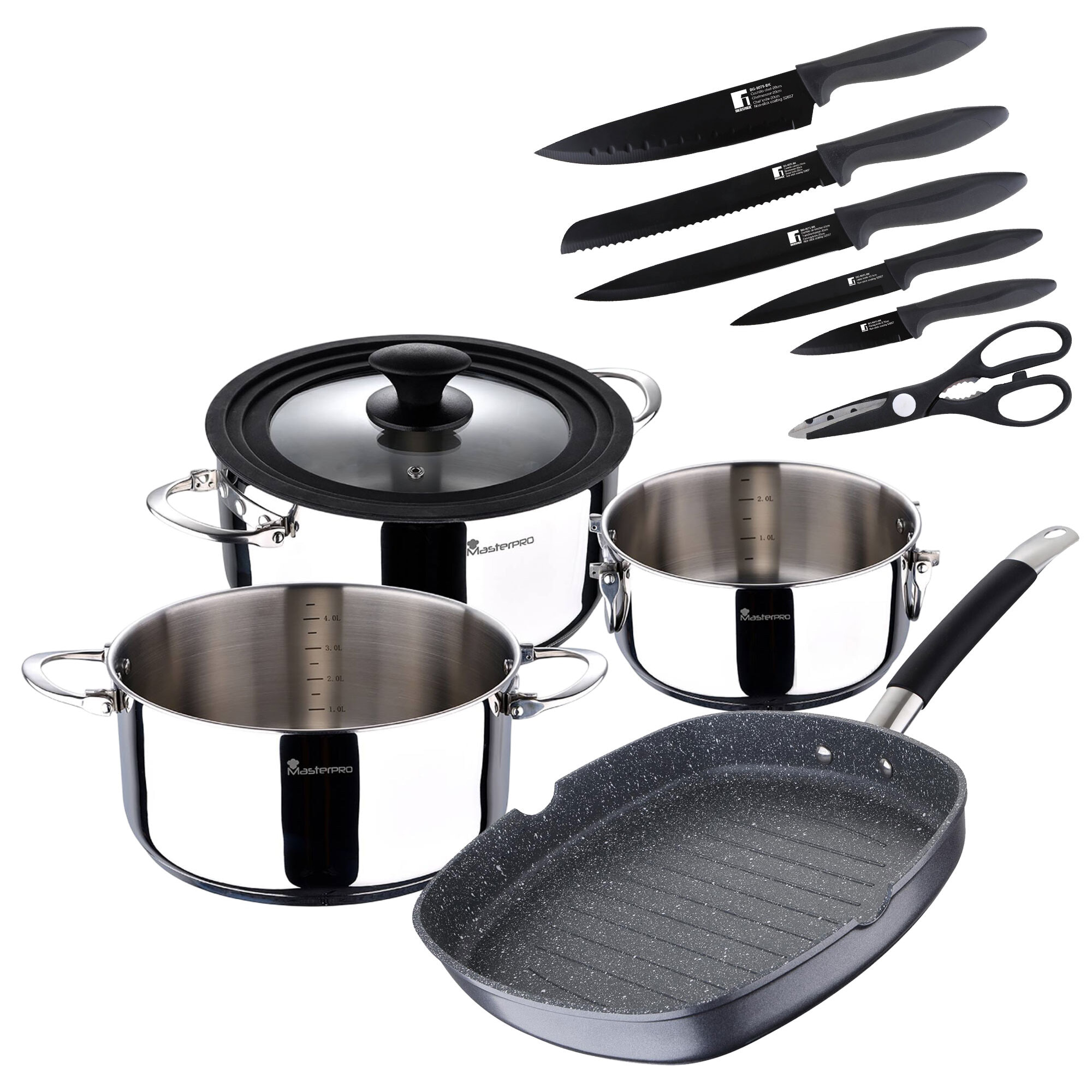Batería de cocina con cacerolas de Ø16Ø20Ø24cm acero inoxidable + Sartén Grill 28x28cm Aluminio forjado + Juego de 5 Cuchillos con tijeras MasterPRO