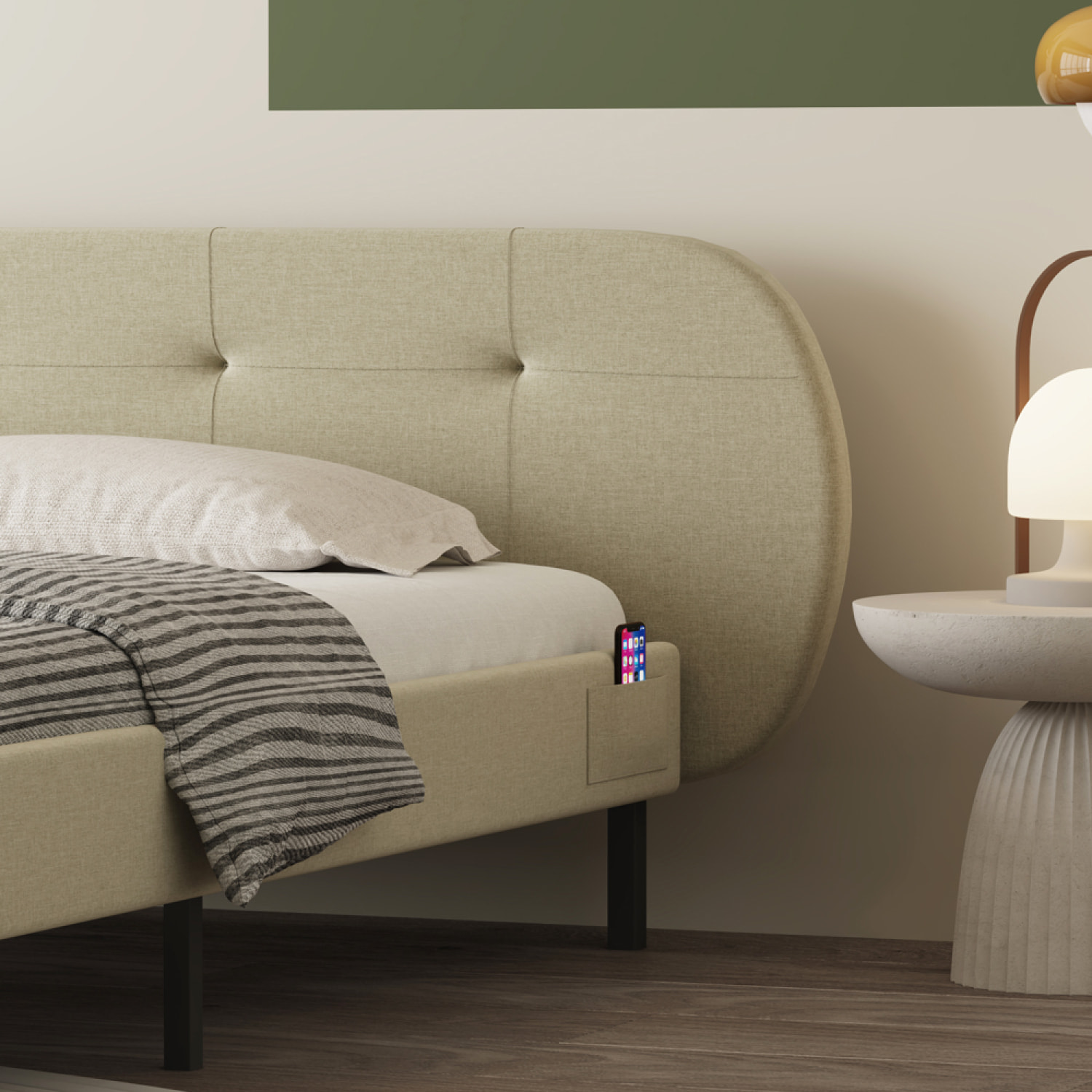 RENO Lit capitonné 140x190cm beige avec tête de lit et sommier