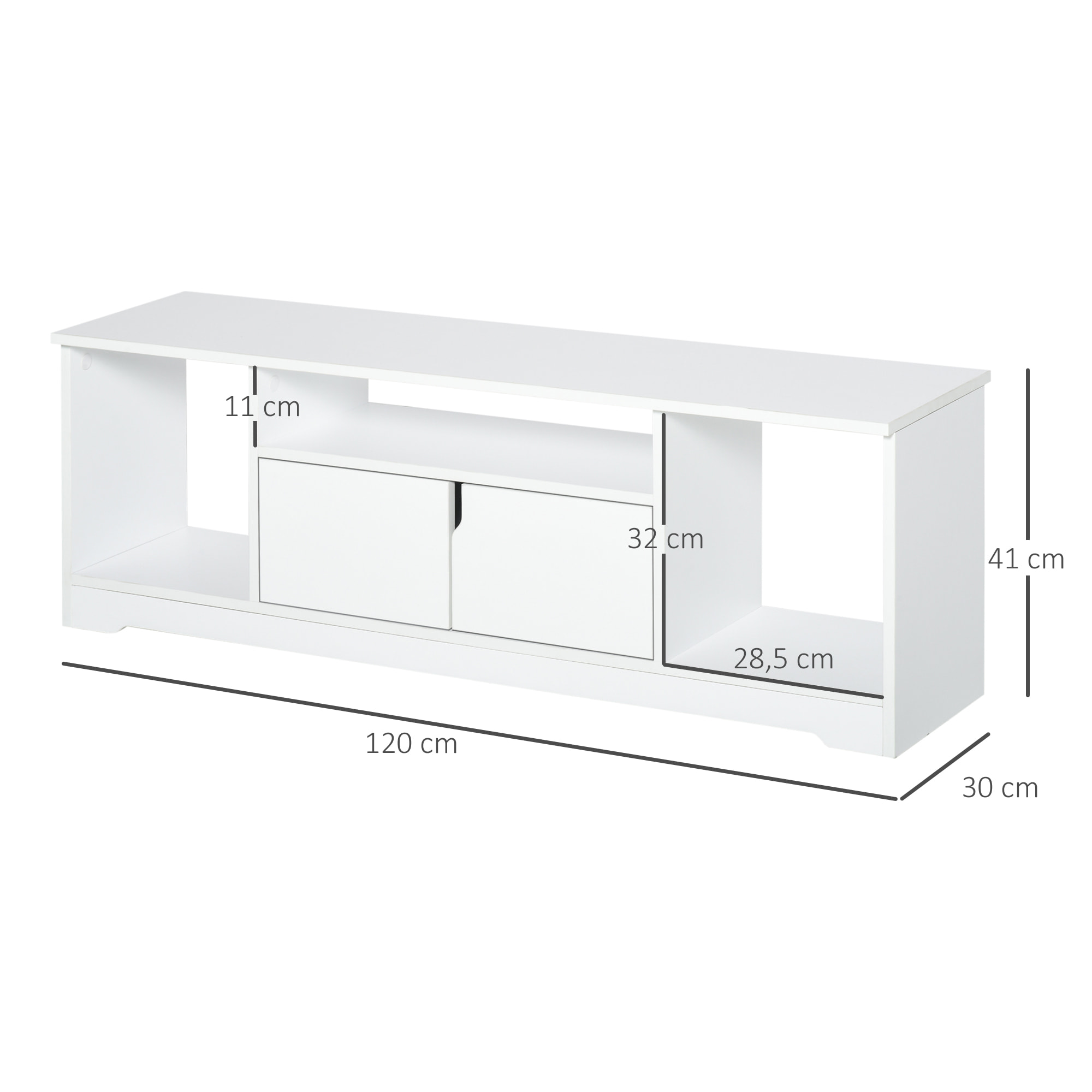 Meuble TV banc TV design contemporain - 3 niches, placard double porte - dim. 120L x 30l x 41H cm - panneaux particules blanc