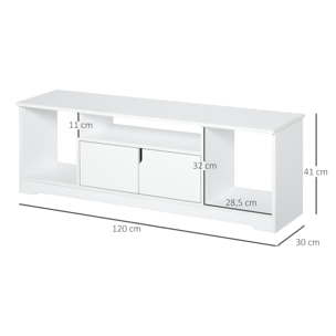 Meuble TV banc TV design contemporain - 3 niches, placard double porte - dim. 120L x 30l x 41H cm - panneaux particules blanc