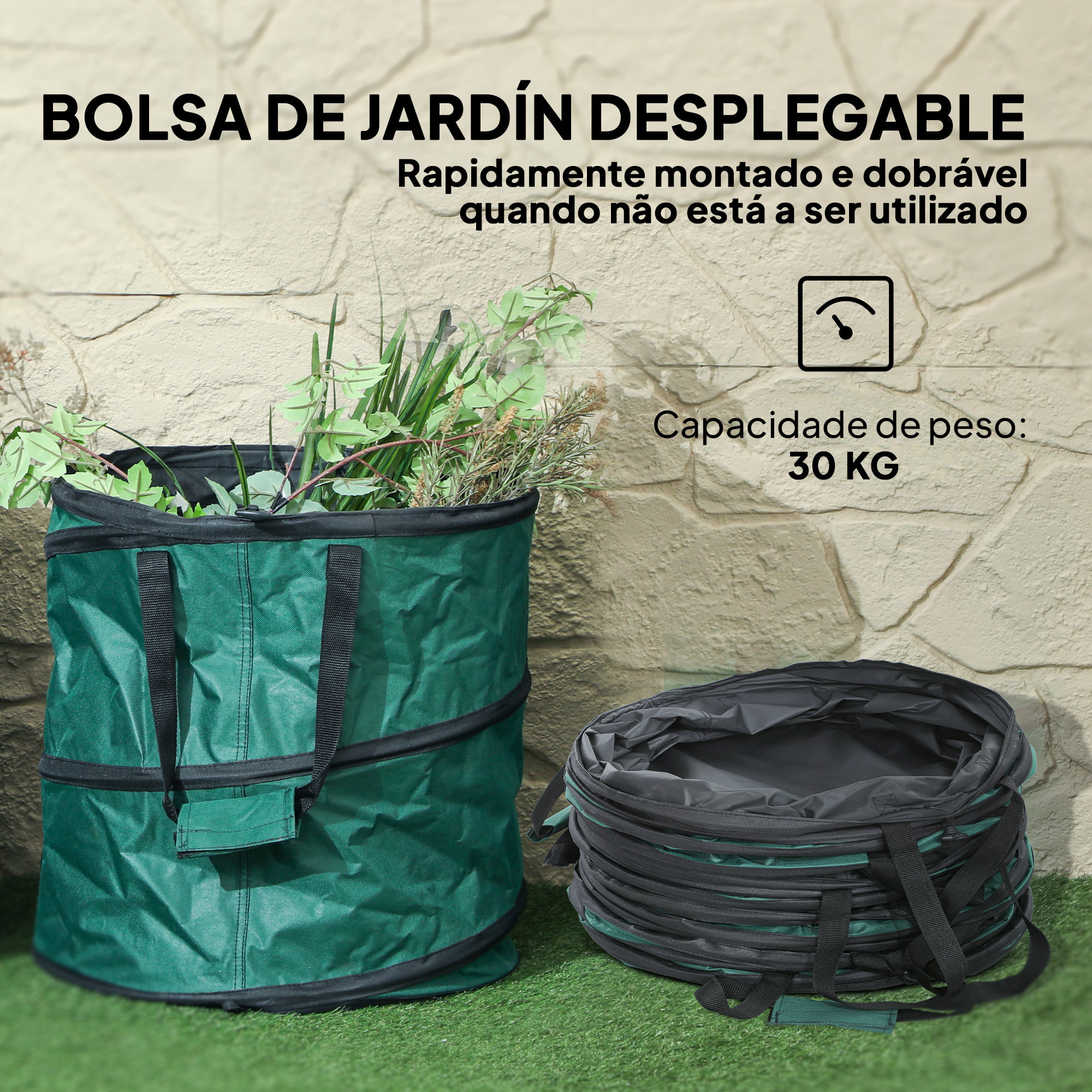 Set de 4 Bolsas de Basura de Jardín 86L Bolsas para Residuos Resistentes con Asas Fijación de Botones y Diseño Pop-Up Plegables y Reutilizables
