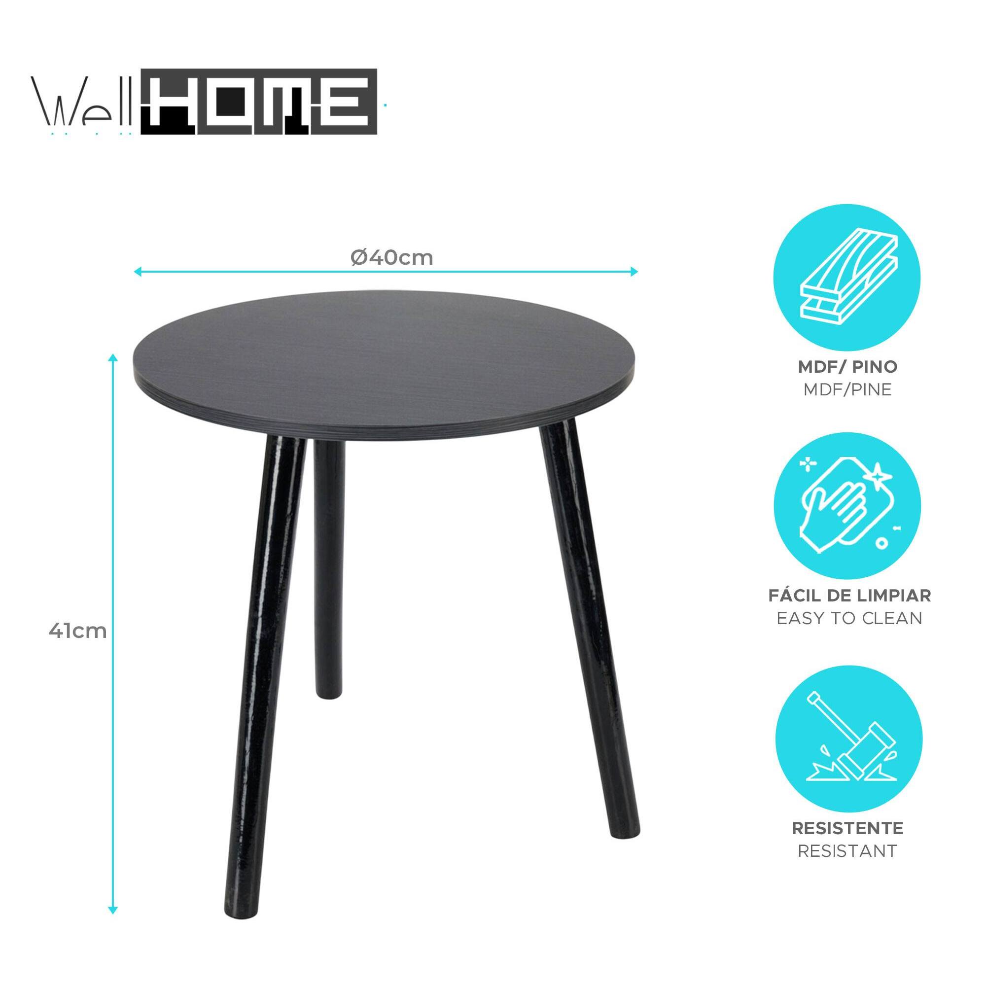 Mesa auxiliar 40x41cm en mdf con patas de madera de pino y acabado en negro