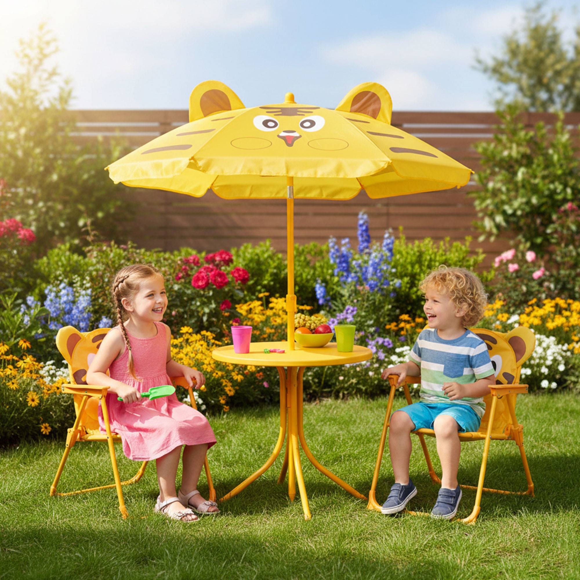 Well Home Conjunto jardín niños 4 piezas (mesa + 2 sillas + paraguas) diseño Tigre, plegable y ligero