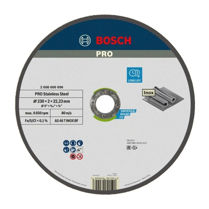 Disque EXPERT à tronçonner BOSCH à moyeu plat Spécial inox 230X2.0 MM - 2608600096