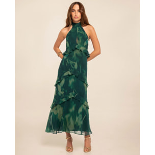 Vestido midi con escote halter y volantes