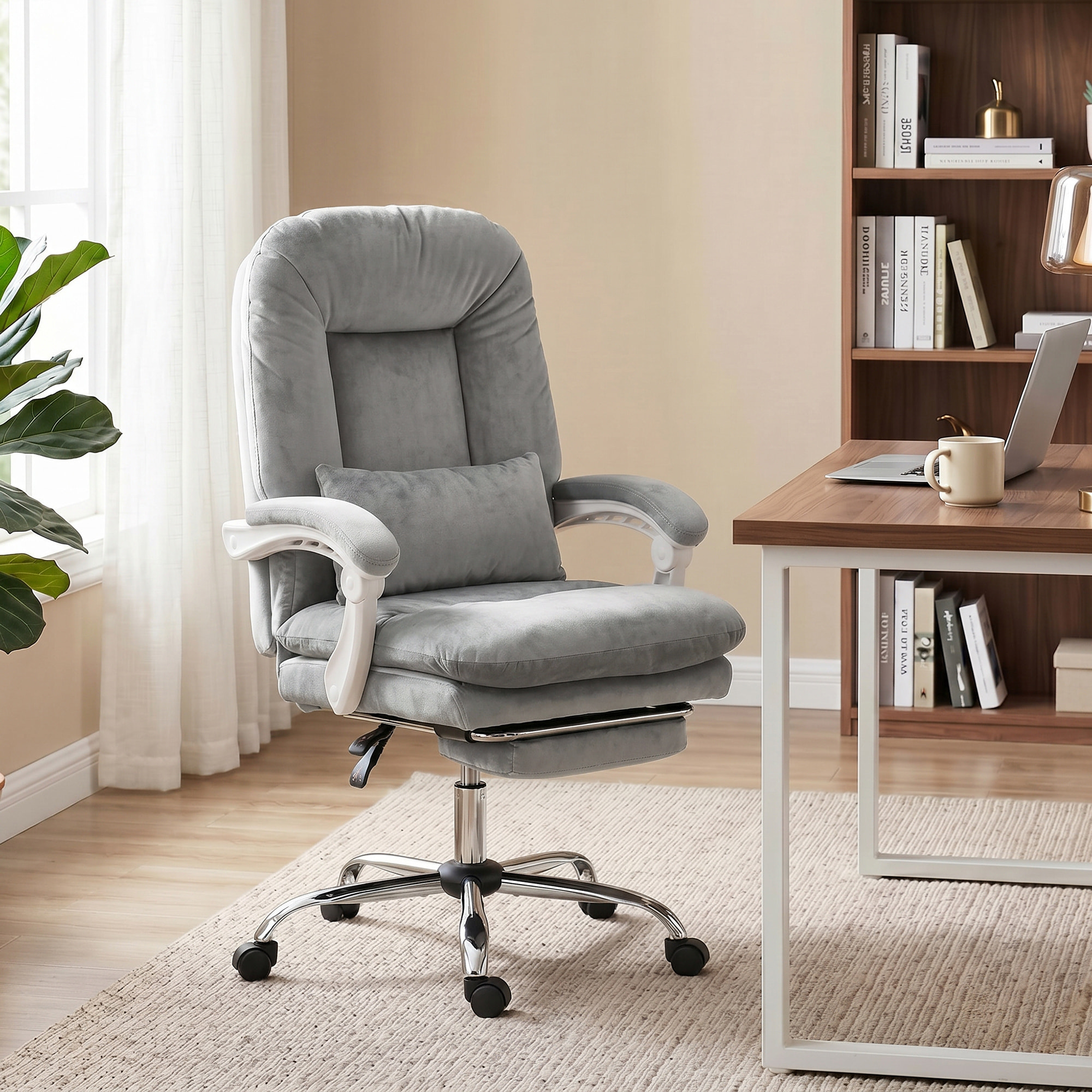 Fauteuil bureau manager inclinable repose-pieds rétractable velours gris clair