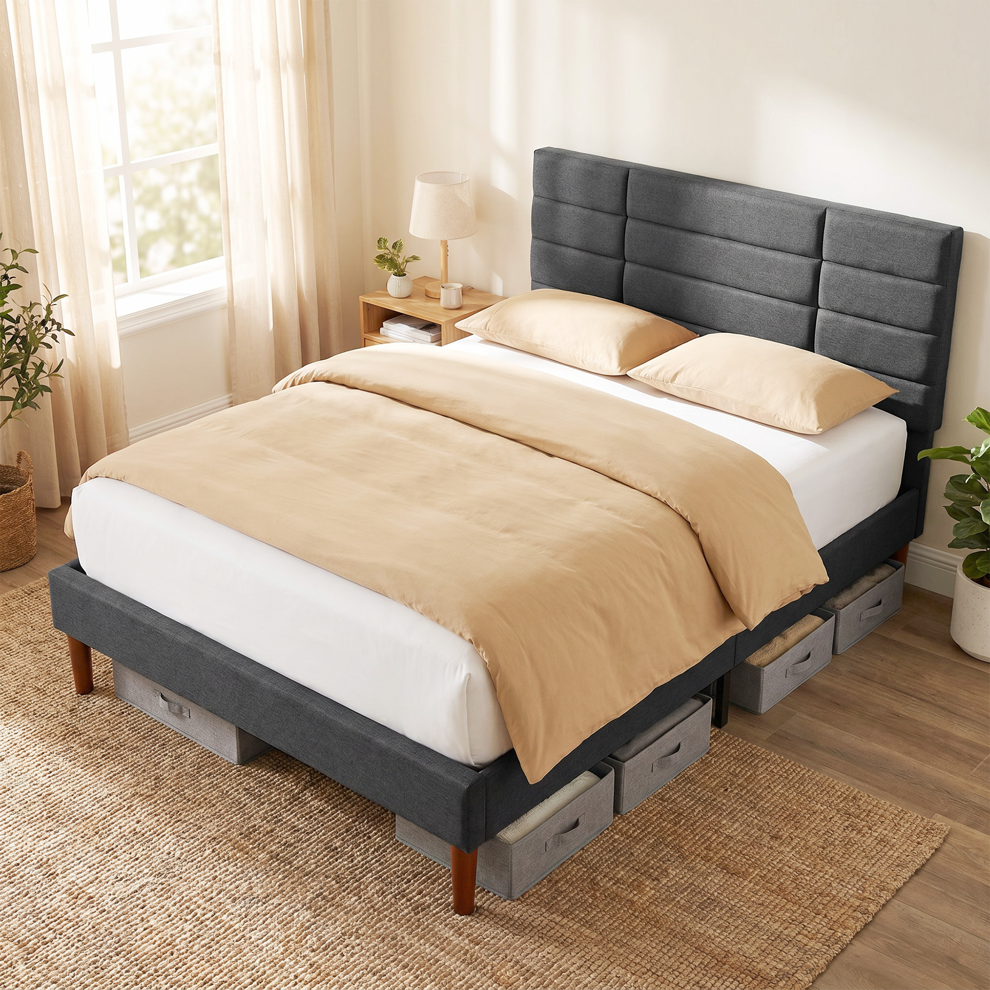 HOMCOM Cama Tapizada 140x200 cm con Cabecero Acolchado de Rejilla y Almacenaje Inferior, Marco de Cama Doble con Láminas de Madera, Diseño Moderno, Fácil Montaje, Gris