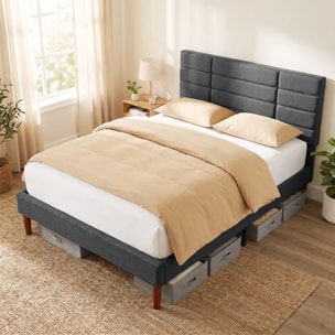 HOMCOM Cama Tapizada 140x200 cm con Cabecero Acolchado de Rejilla y Almacenaje Inferior, Marco de Cama Doble con Láminas de Madera, Diseño Moderno, Fácil Montaje, Gris