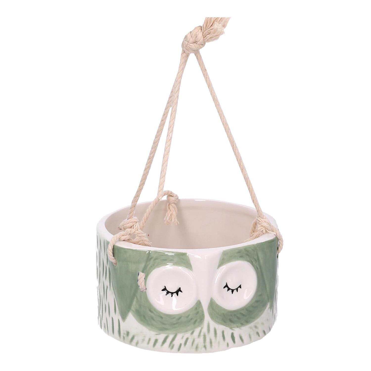 Portavaso pensile in ceramica gufo verde cm ø12,4h7/20
