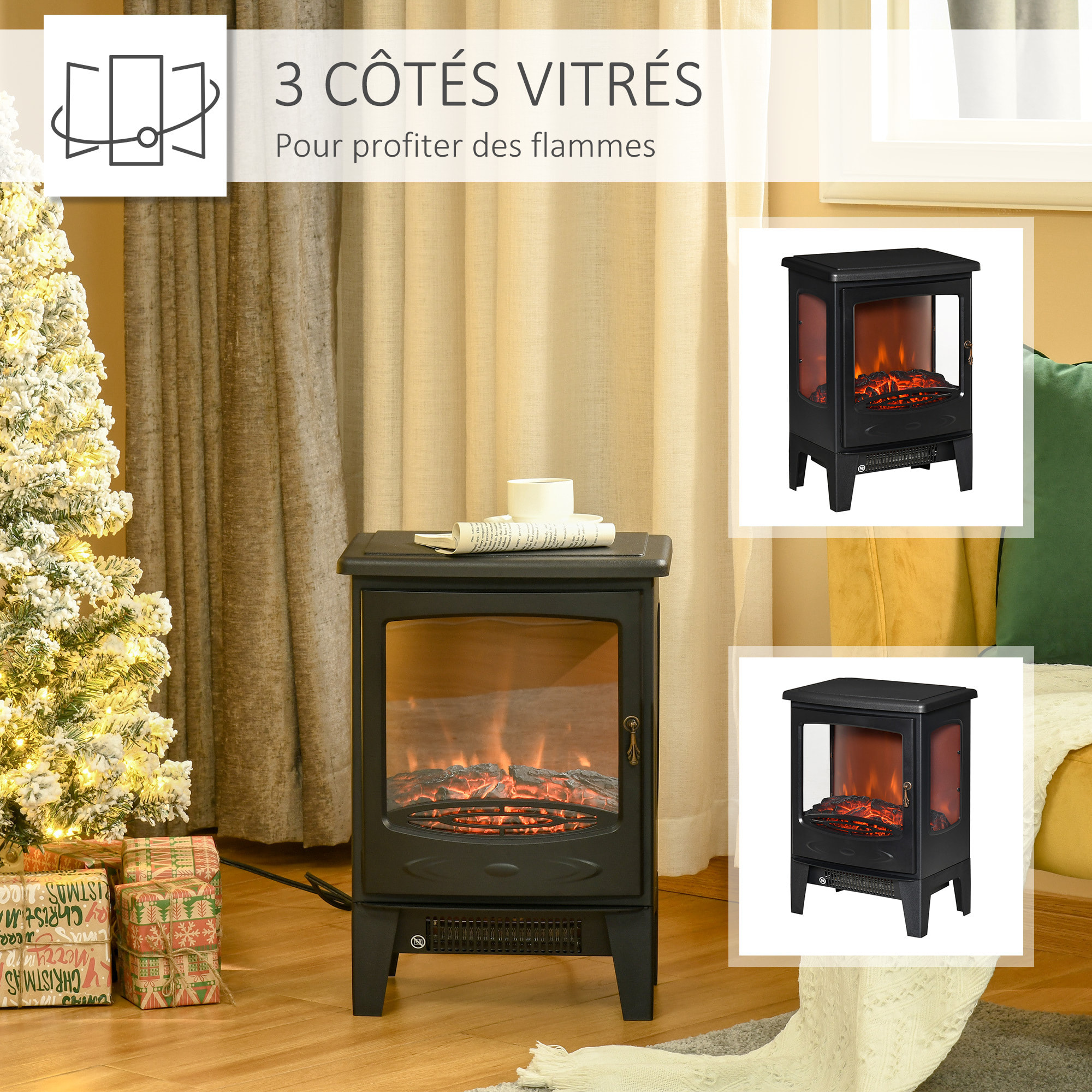 Cheminée électrique poêle style néo-rétro 1000-2000 W simulation flammes LED luminosité réglable acier ABS noir