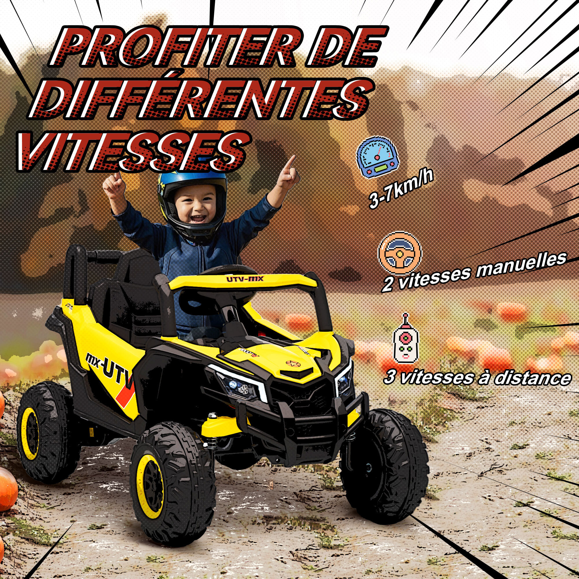 Buggy électrique enfant UTV 12V 7Km/h max. télécommande port USB nombreux effets jaune noir