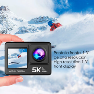 Cámara Deportiva M60 TR 5k 30fps con 47,5 mpx, doble pantalla de 2" y 1.3", estabilizador de imagen, multitud de accesorios y WIFI.