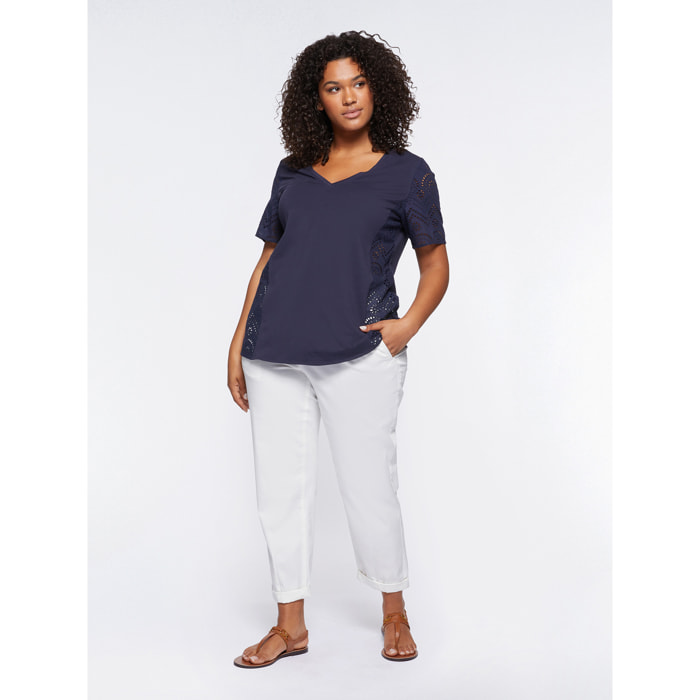 Fiorella Rubino - Camiseta con aplicaciones de bordado inglés - Azul