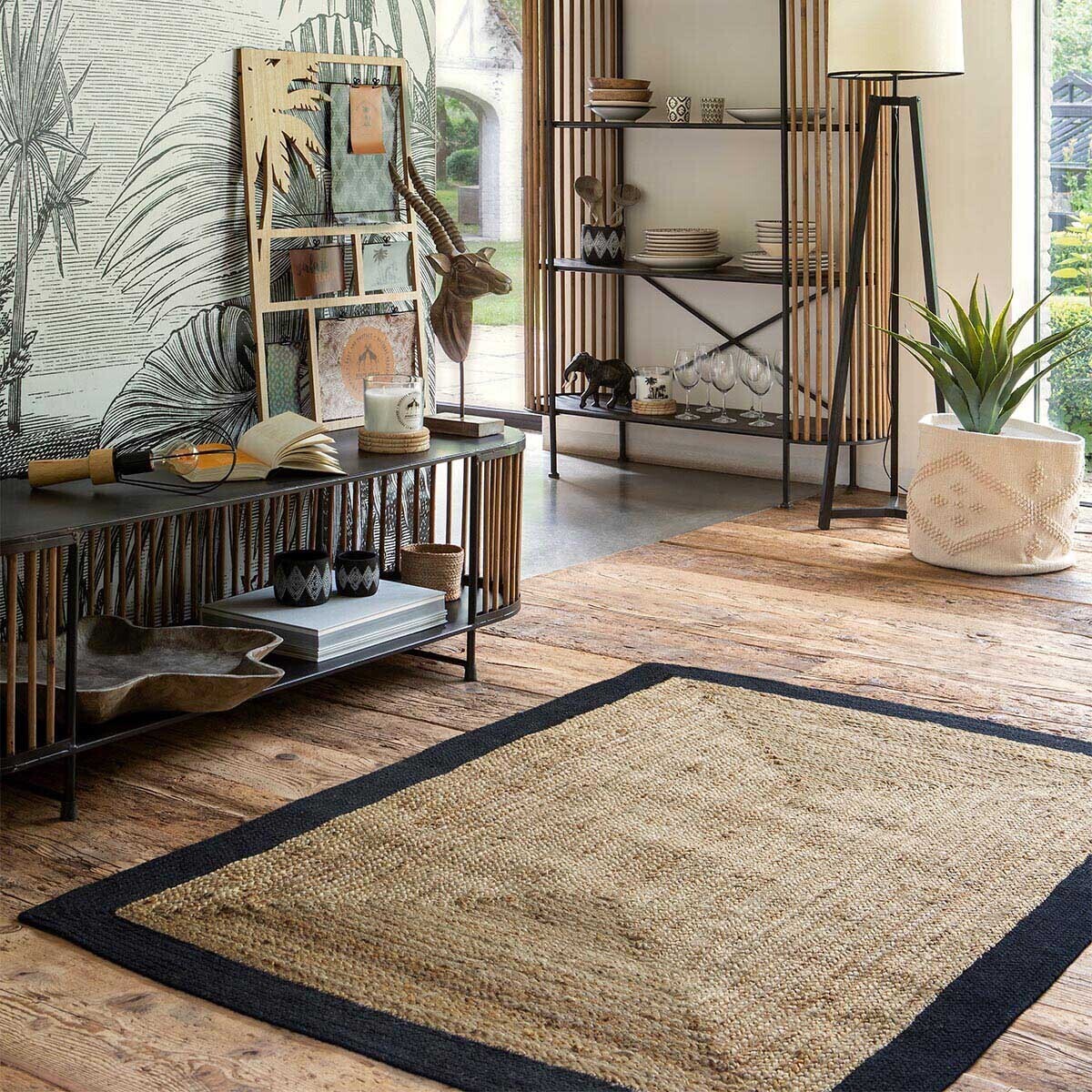 Tapis en jute bord noir 120x170 cm