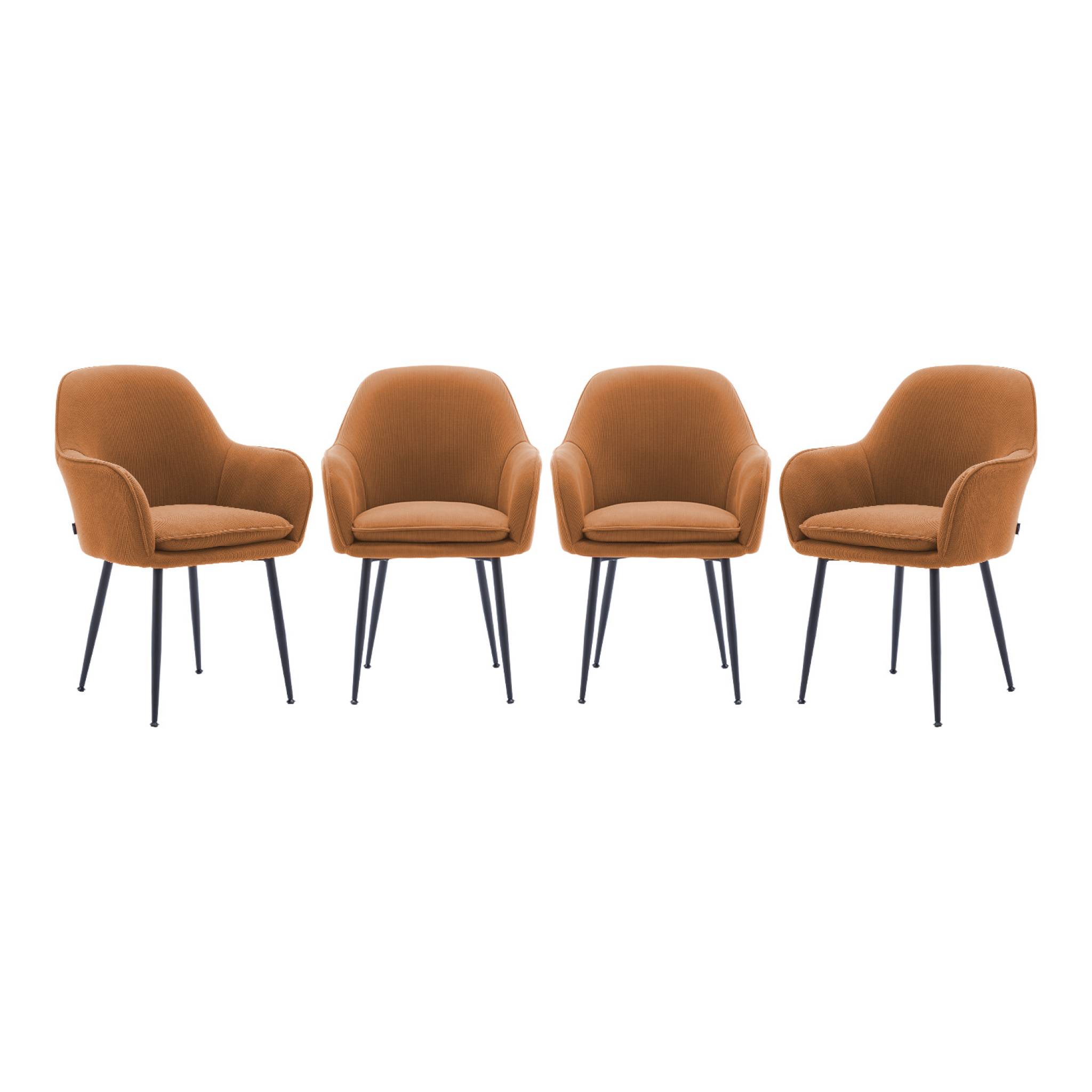 Lot de 4 fauteuils en velours côtelé camel et pieds en métal noir mat. L 57 x P 59 x H 84.5cm