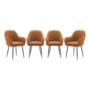 Lot de 4 fauteuils en velours côtelé camel et pieds en métal noir mat. L 57 x P 59 x H 84.5cm