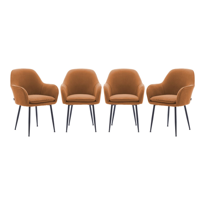 Lot de 4 fauteuils en velours côtelé camel et pieds en métal noir mat. L 57 x P 59 x H 84.5cm