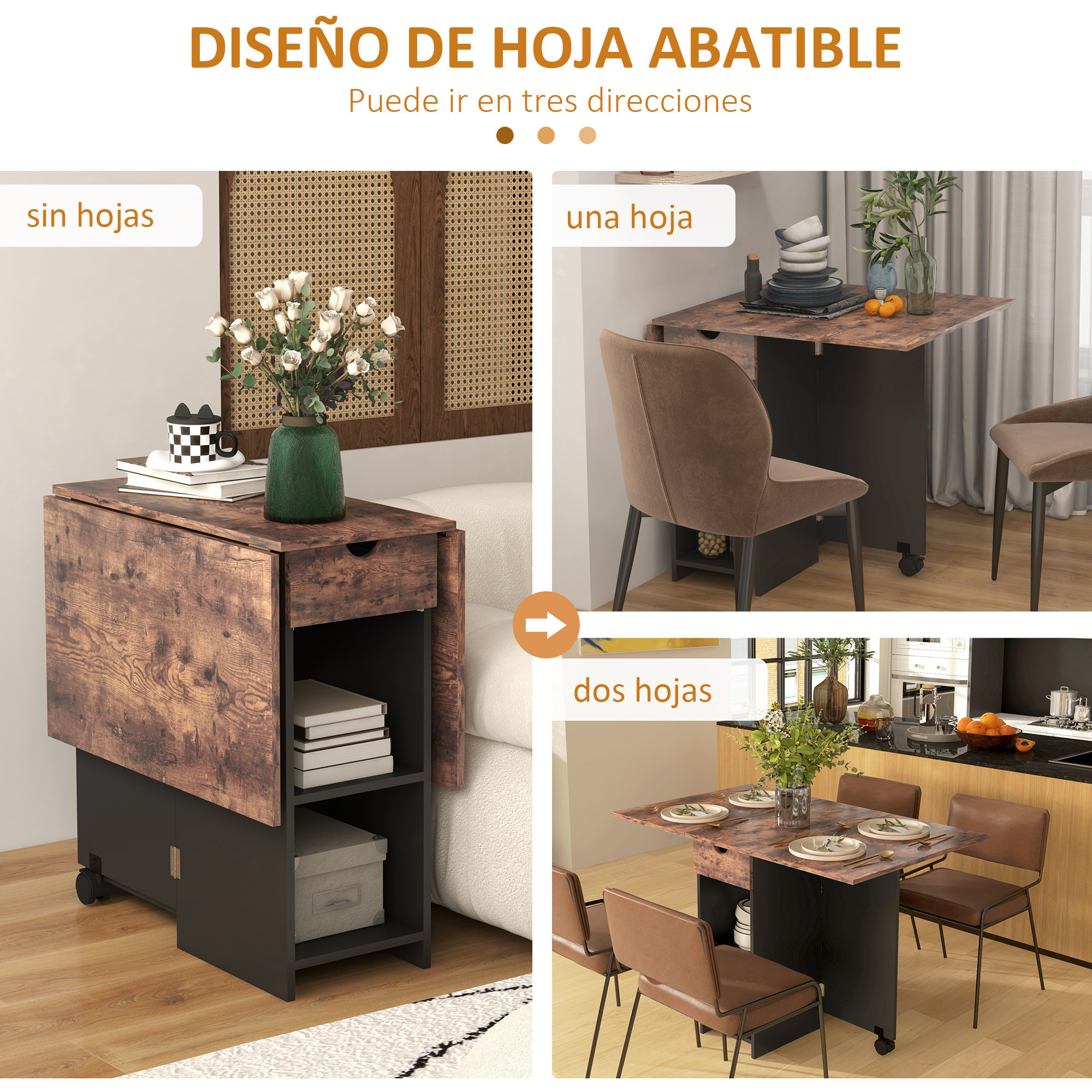 Mesa Plegable de Comedor Mesa de Cocina Plegable con Ruedas Alas Abatibles Cajón y Estantes para 2-4 Personas 120x72x75 cm Marrón Rústico y Negro