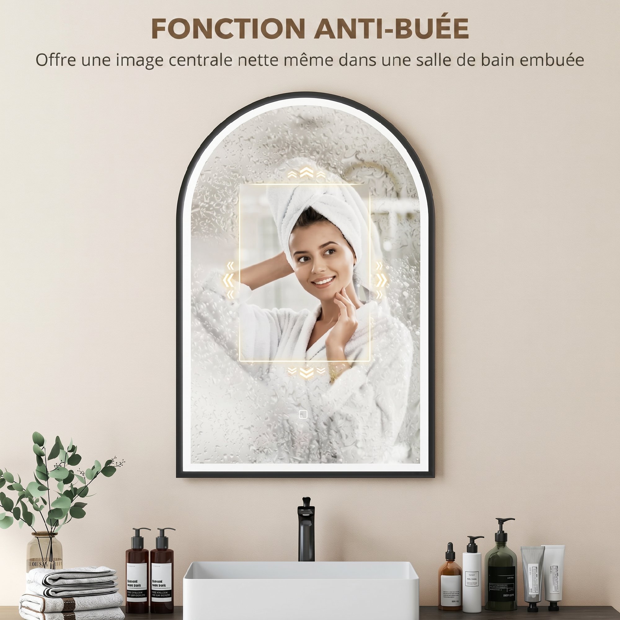 Miroir salle de bain LED design arche 60 x 90 cm anti-buée dimmable tactile réglable verre trempé alu noir