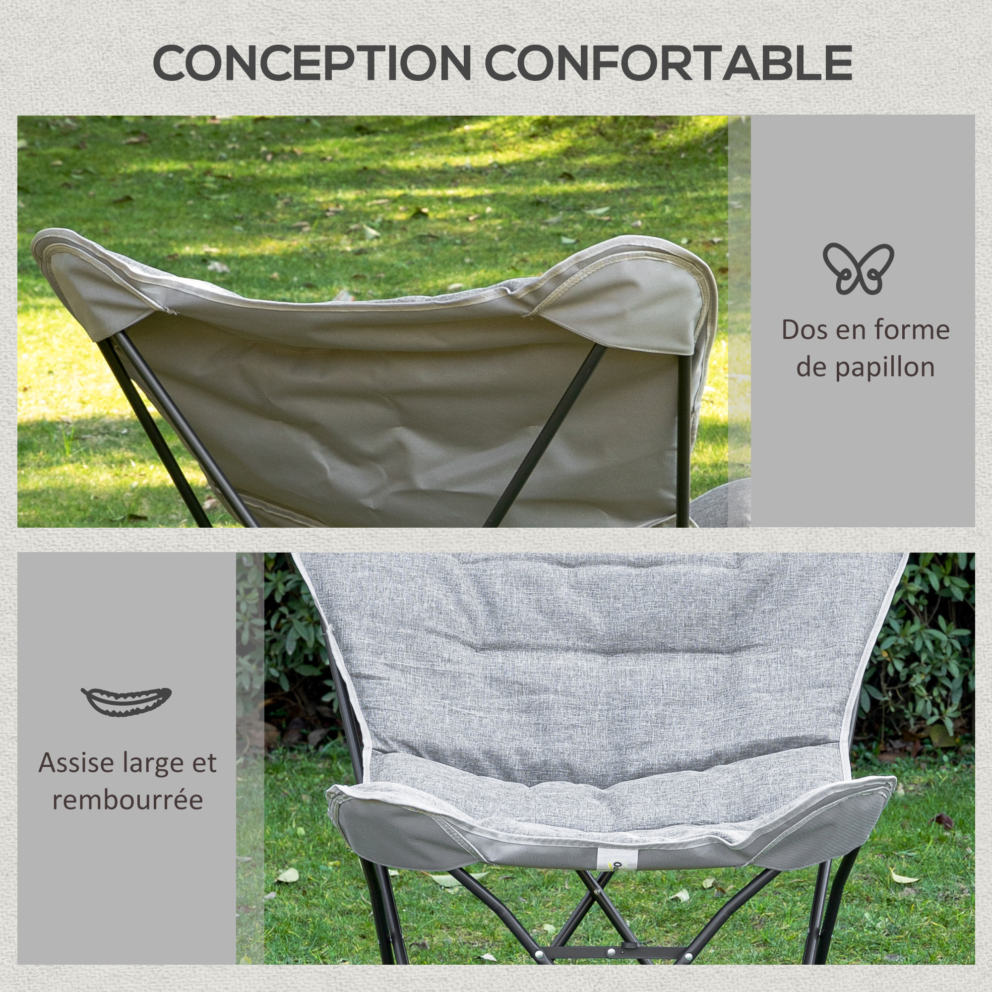 Fauteuil papillon - chaise de camping pliable - coussin rembourré - acier tissu gris