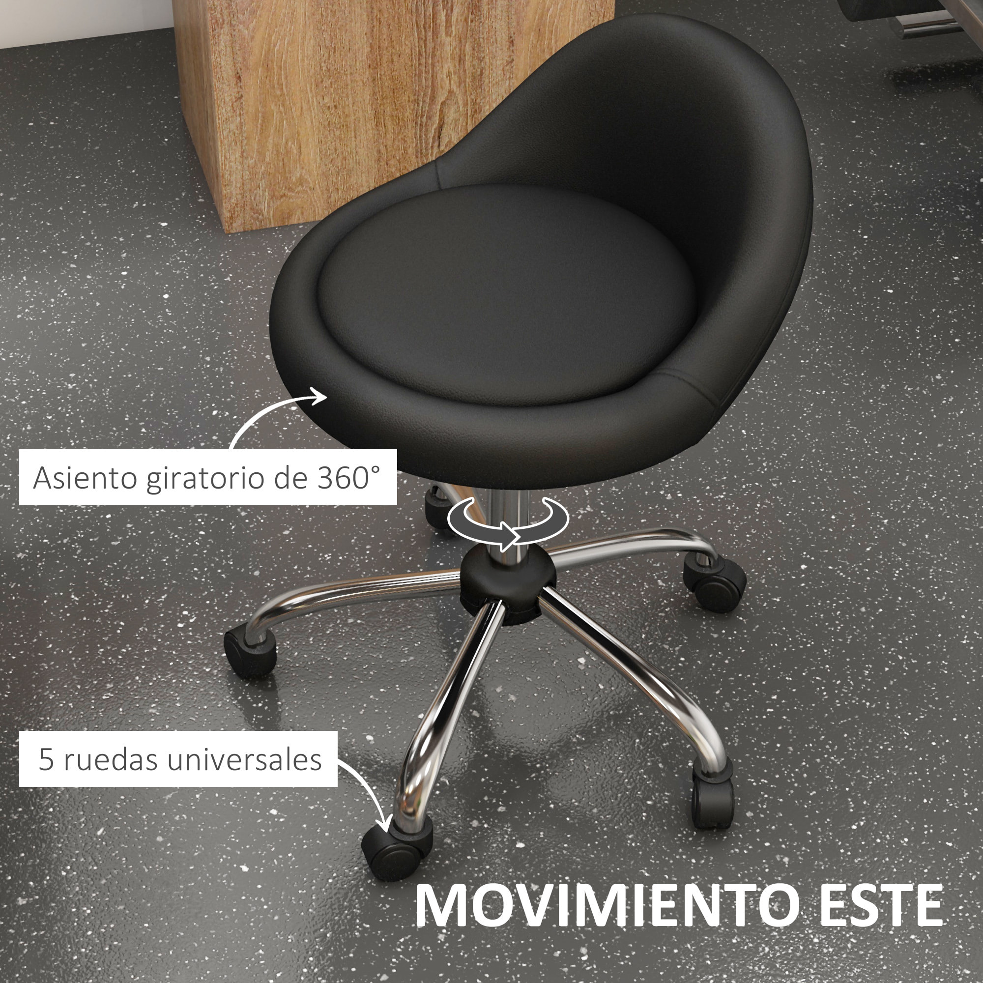 Taburete con Ruedas, Taburete Giratorio Cosmético con Altura Ajustable, Cuero Sintético, Asiento Acolchado y Amplio, para Dentista y Peluquería, Carga 120 kg, Ø50x63-83 cm, Negro