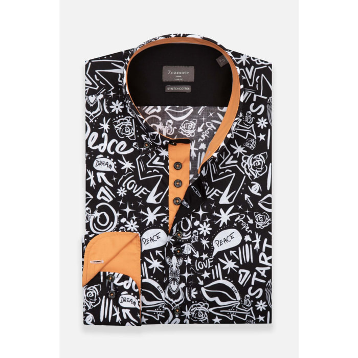 Camicia Uomo 1 Bottoni Button Down Slim Popeline Stretch Stampato Nero/Bianco