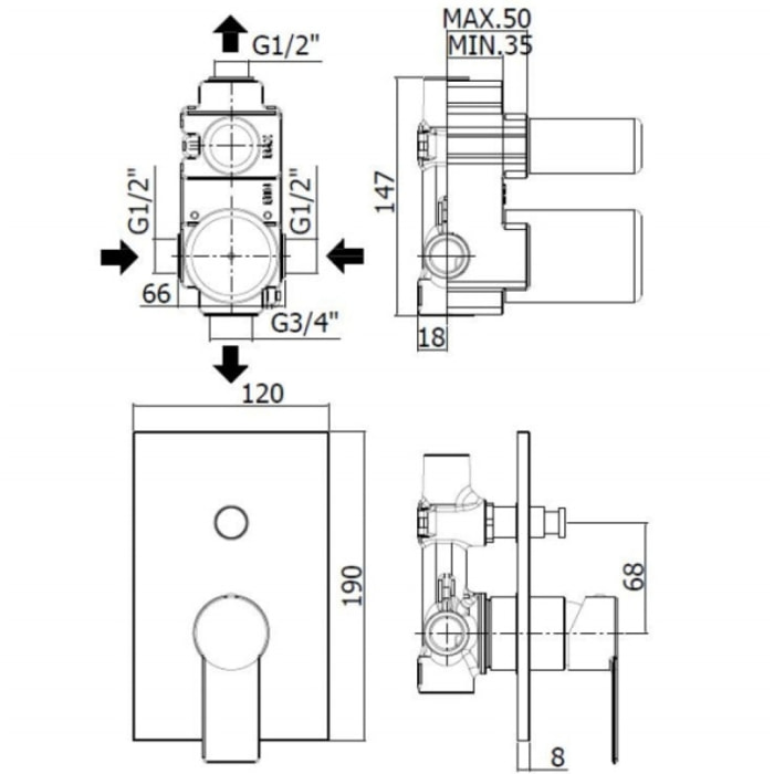 by Paffoni B-Way Set de finition de douche avec levier, 2 sorties, + Corps encastré inclus (SATBSBW215)