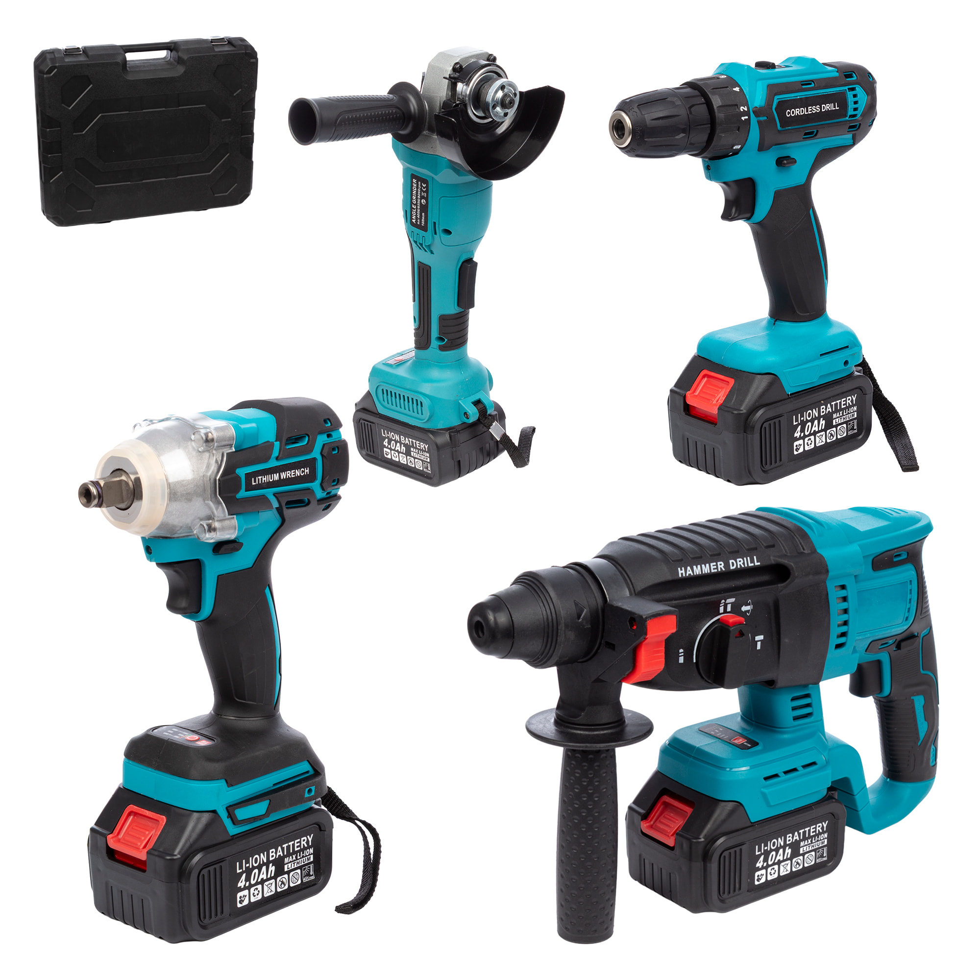 Set di 4 strumenti elettrici, smerigliatrice angolare, martello perforatore, trapano e chiave a impatto.