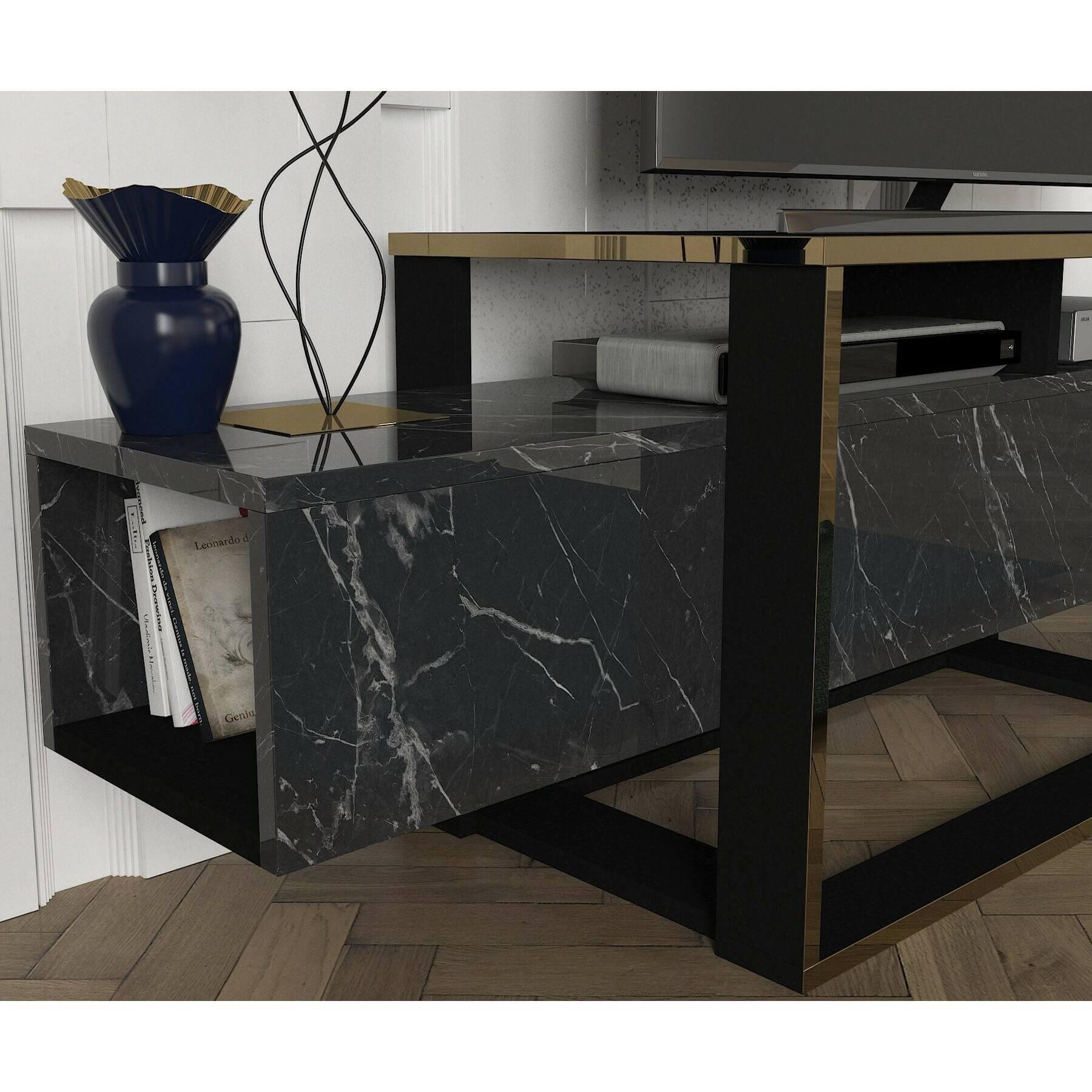 Mobile porta TV Dgiacint, Credenza da soggiorno, Armadio basso per TV, Base parete attrezzata, 160x46h50 cm, Nero e Oro