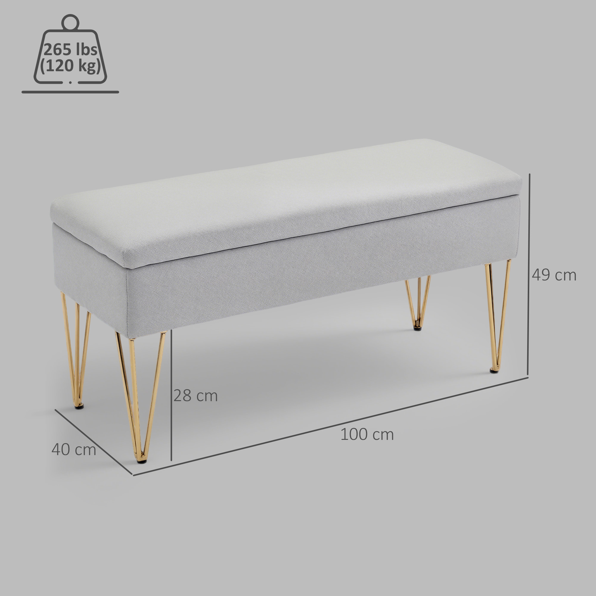 Banco Pie de Cama, Taburete Pie de Cama Tapizado en Lino Sintético con Patas de Acero y Asiento Acolchado, Estilo Moderno, Banco para Dormitorio, Entrada, Pasillo, Gris Claro