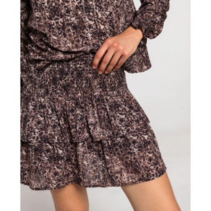 Mini falda estampada con nido de abeja y doble volante