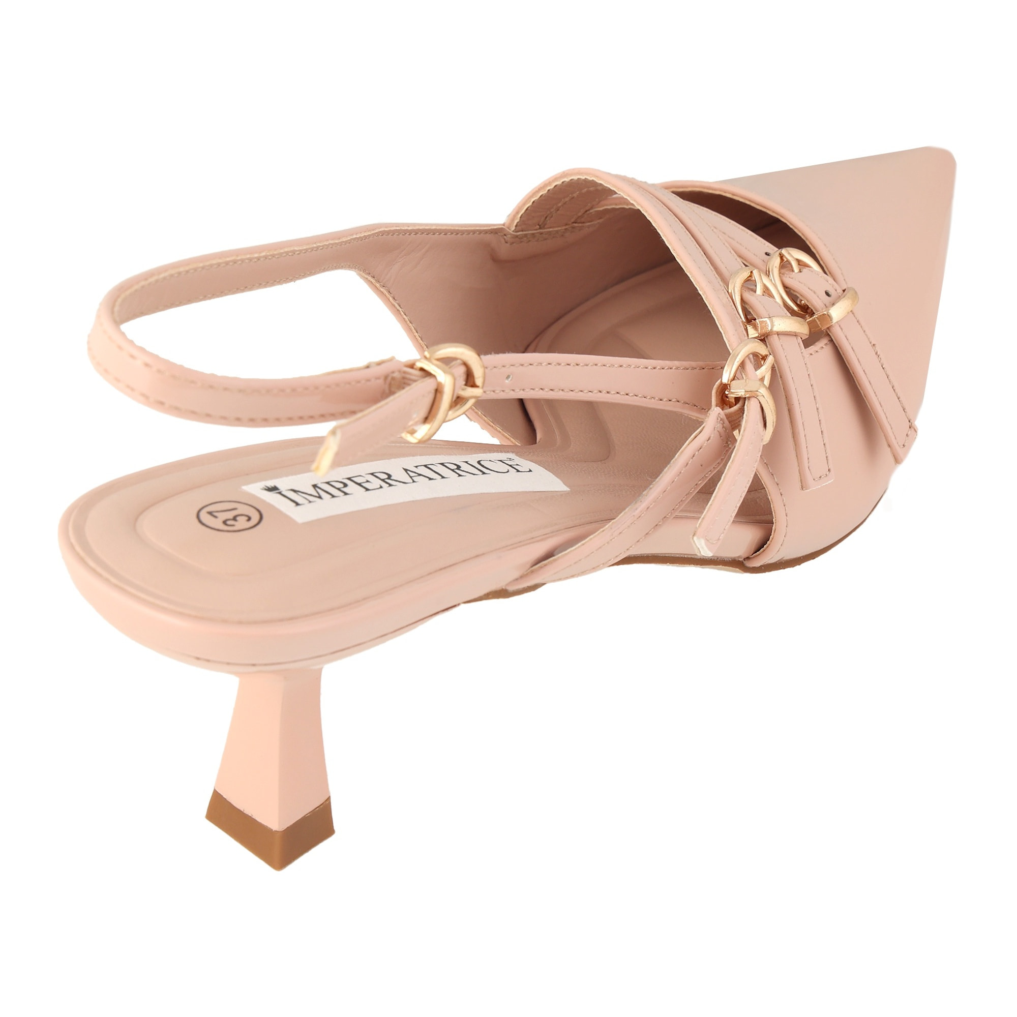 Dècolletè slingback verniciate con tacco basso a rocchetto e fibbiette