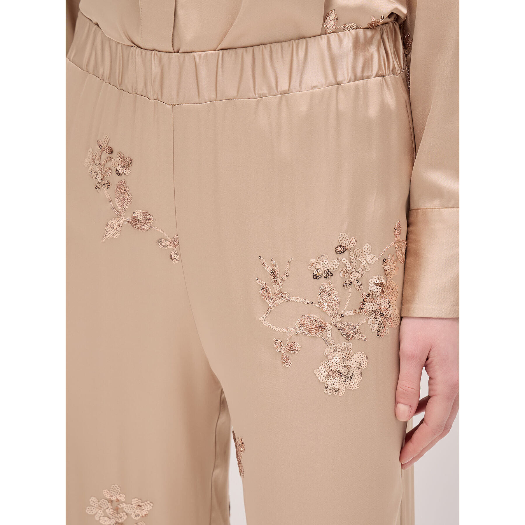 Oltre - Pantalones de raso con bordados de lentejuelas - Beige