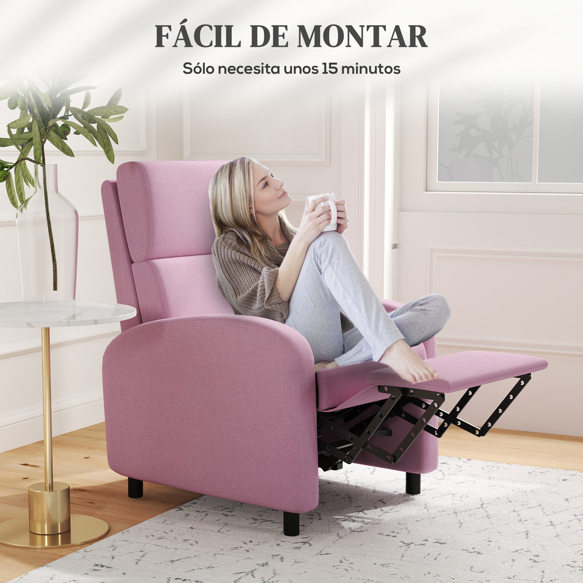 Sillón Relax Reclinable Manual Sillón Relax Tapizado en Lino Sintético con Reposapiés Carga 120 kg Sillón Reclinable para Dormitorio Oficina Rosa