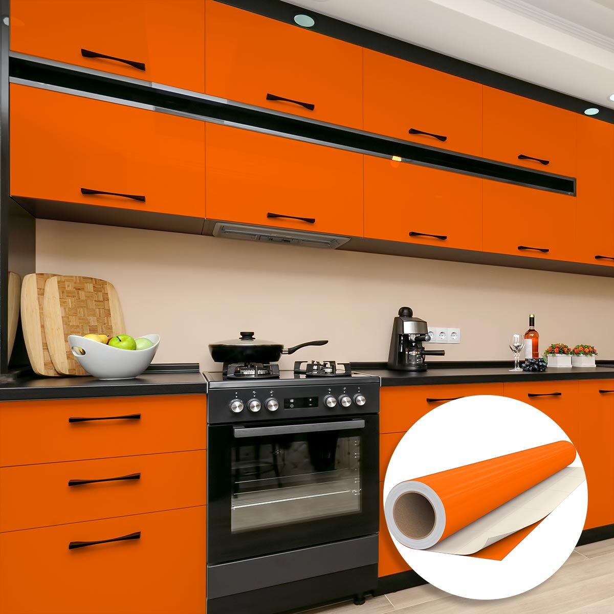 Rouleau adhésif décoratif Vinyle au Mètre - Orange - Sticker Lavable Imperméable Mur Cuisine Meubles