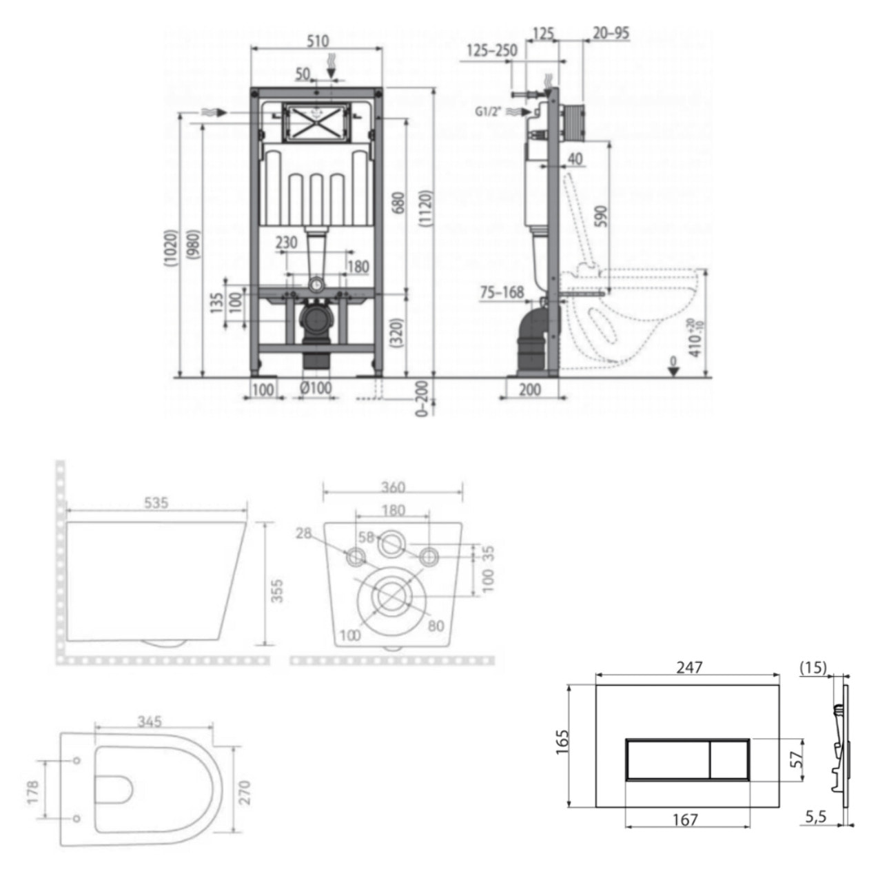 Pack WC bâti-support autoportant SAT + WC suspendu sans bride Ceramia + abattant SoftClose + plaque blanche (SMART-CETOR-4)