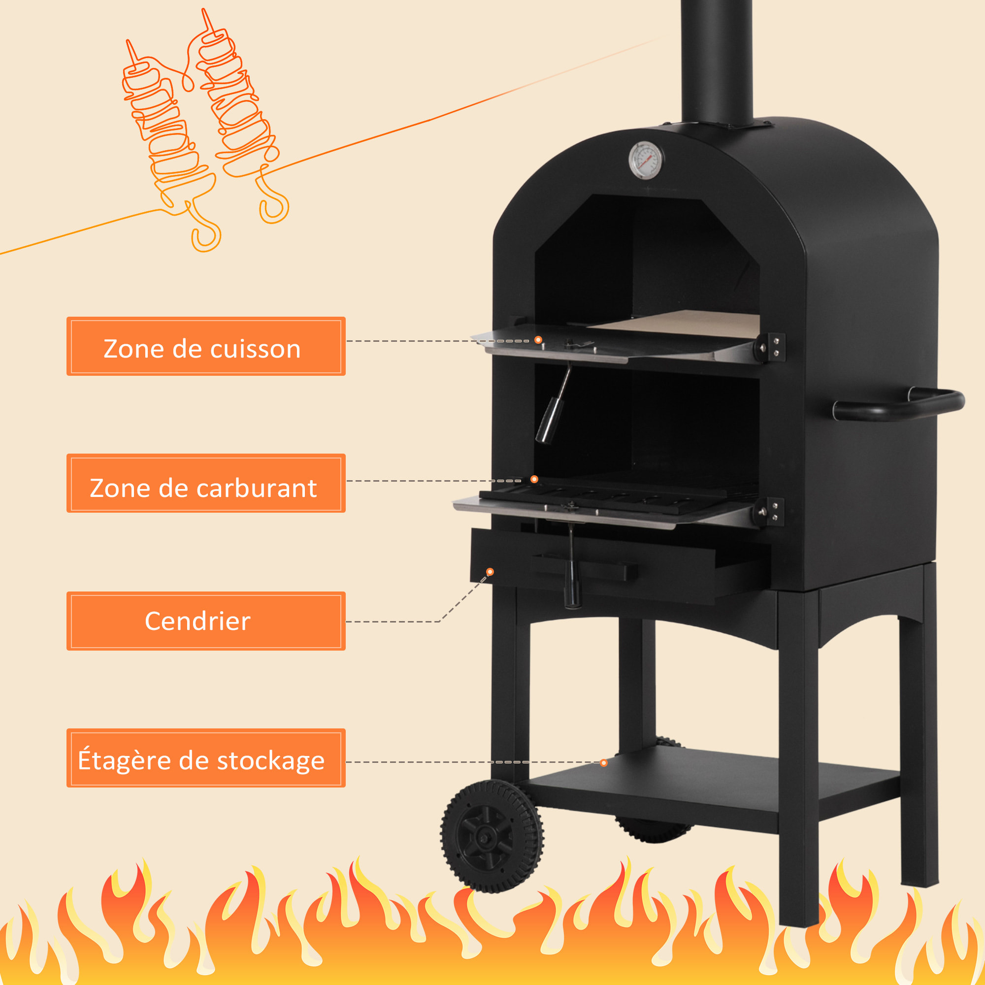 Four à pizza extérieur au charbon de bois - barbecue sur roulettes - four à bois - pierre réfractaire - cheminée, jauge température - acier au carbone noir gris