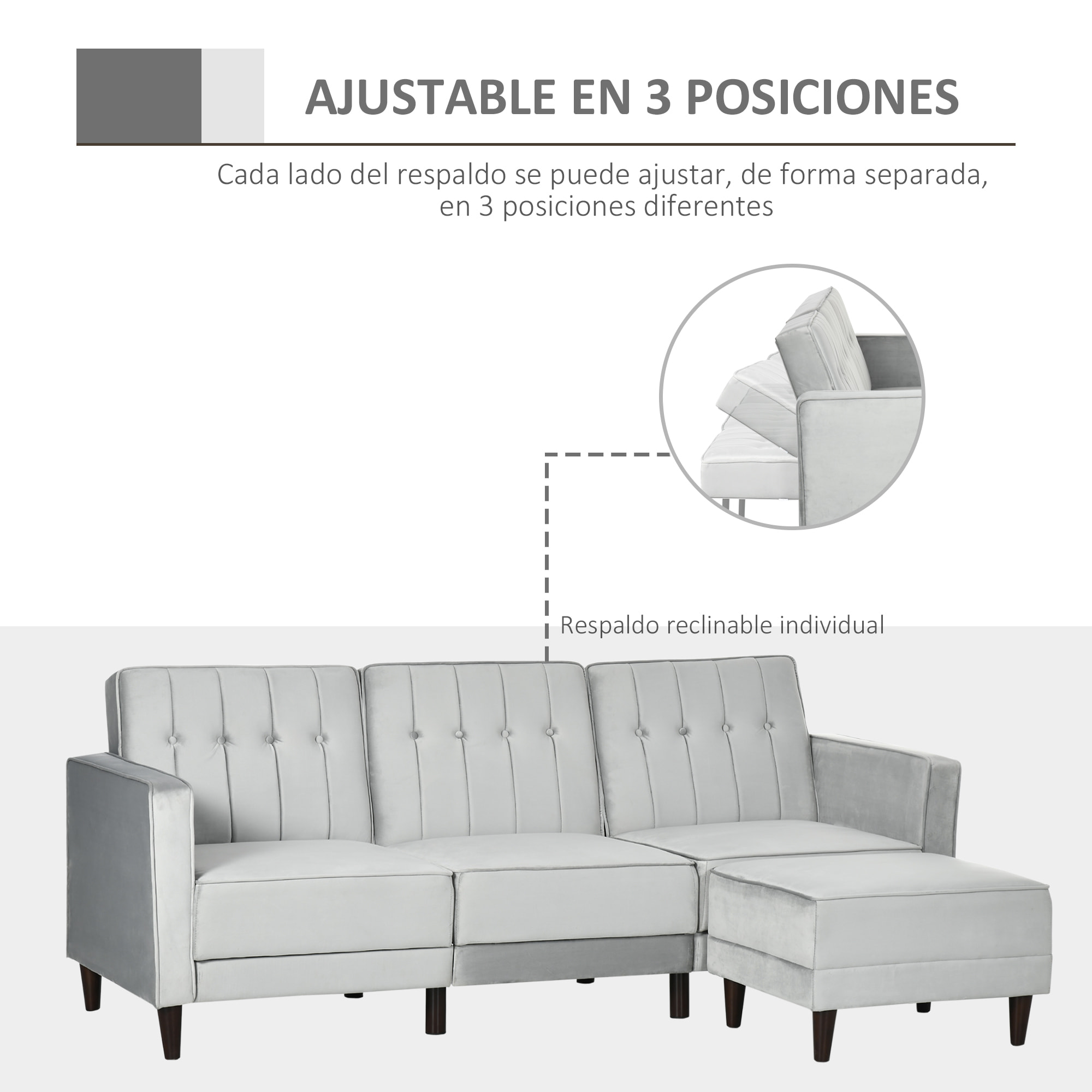 Sofá Cama con Chaise Longue de 3 Plazas Convertible con Reposapiés Movible Respaldo Ajustable y Reposabrazos Tacto Aterciopelado 218x85x86 cm Gris Claro